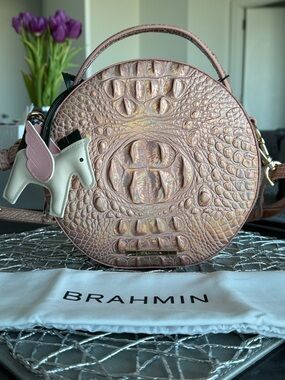 Brahmin Iridescent Pink Round Croc-Embossed Crossbody with Charm